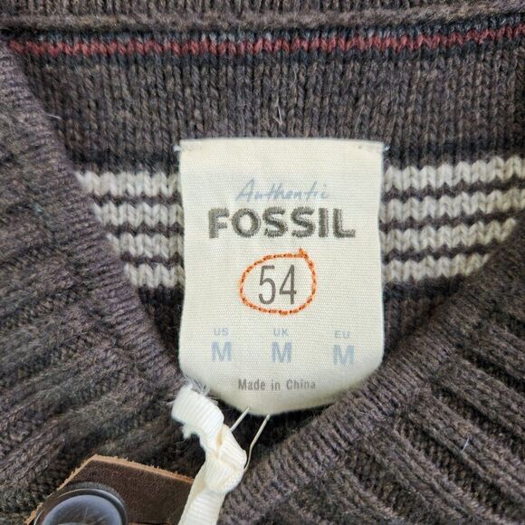 Fossil Sweater Mens M Brown Striped Shawl Collar Pullover Ribbed Knit Grandpa - Picture 13 of 16